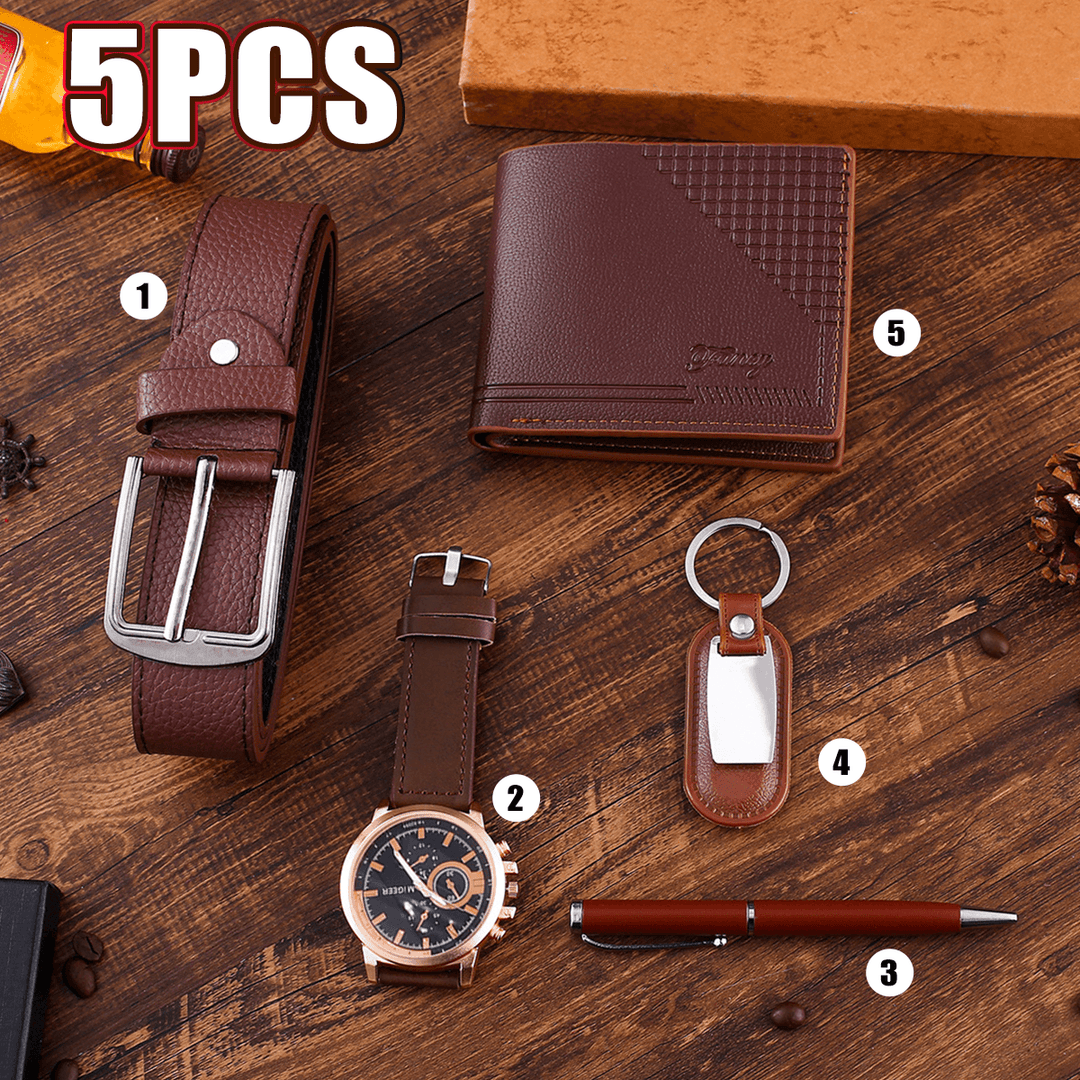 5PCS Fashion Gift Set Business Large Dial Quartz Watch+Pen+Belt+Key Chain+Wallet - MRSLM