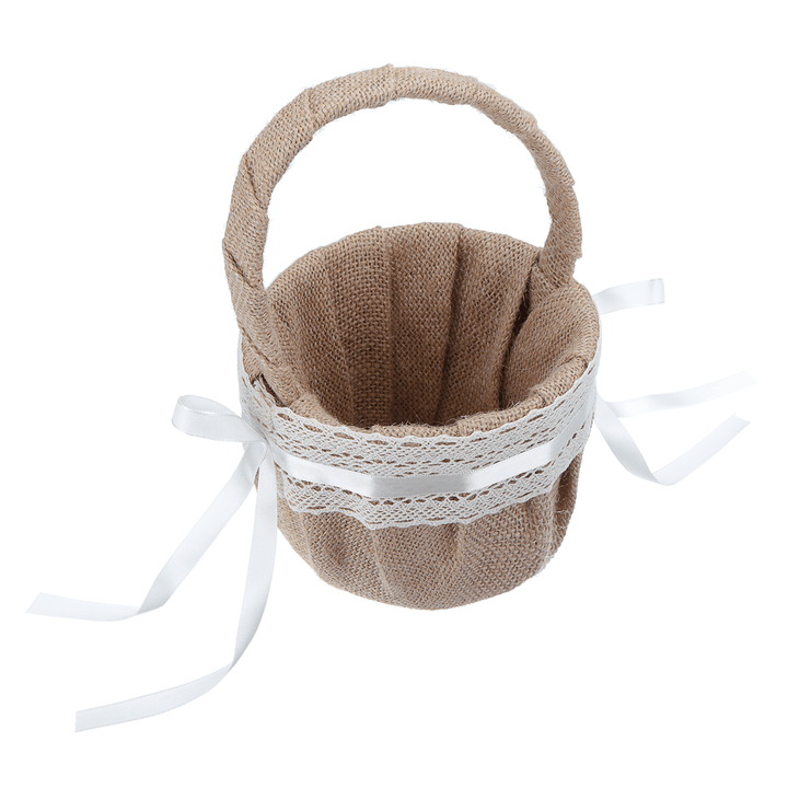 Linen Lace Basket Romantic Bowknot Handled Flower Ceremony Wedding Party Storage Baskets - MRSLM