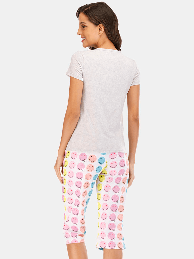 Women Funny Cartoon Smile Print Short Sleeve Two Piece Casual Pajama Set - MRSLM