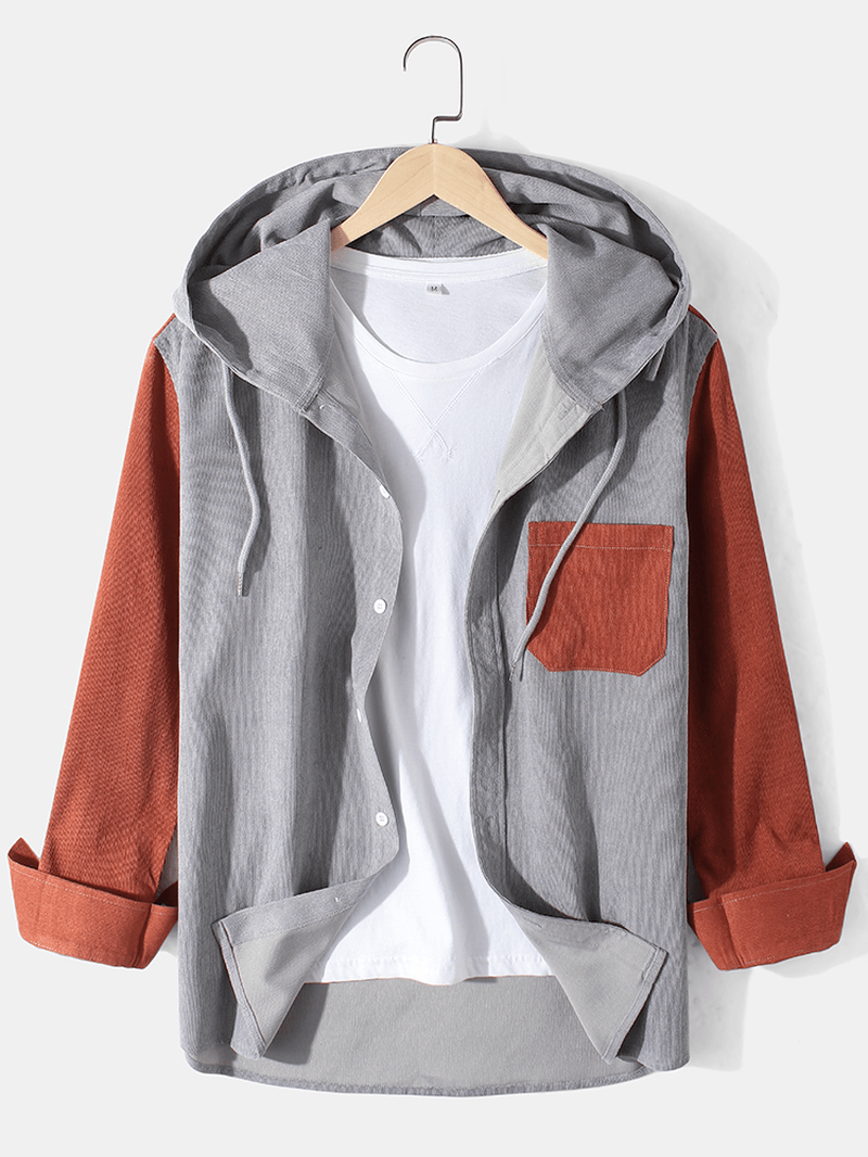 Mens Corduroy Patchwork Chest Pocket Long Sleeve Casual Hooded Shirts - MRSLM