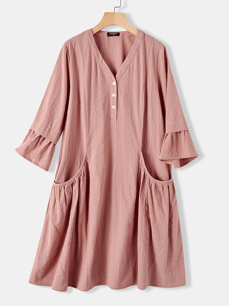 Casual Solid Color Cotton Half Bell Sleeve V-Neck Button Dress with Pocket - MRSLM