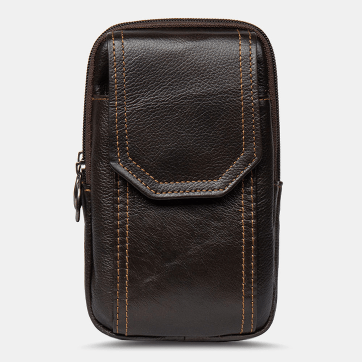 Men Genuine Leather Multifunction 6.5 Inch Phone Bag Retro Large Capacity Cigaret Case Pocket Belt Bag Waist Bag - MRSLM