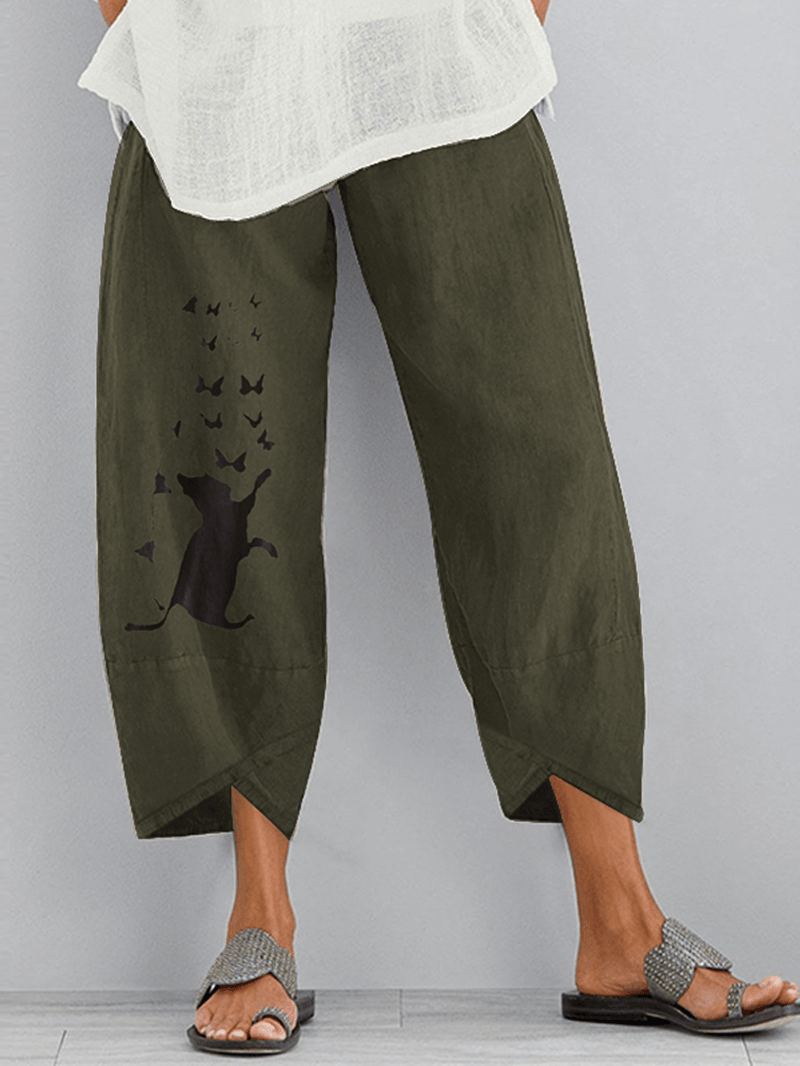 Women Cartoon Cat Butterfly Print Cotton Loose Elastic Waist Cropped Pants - MRSLM