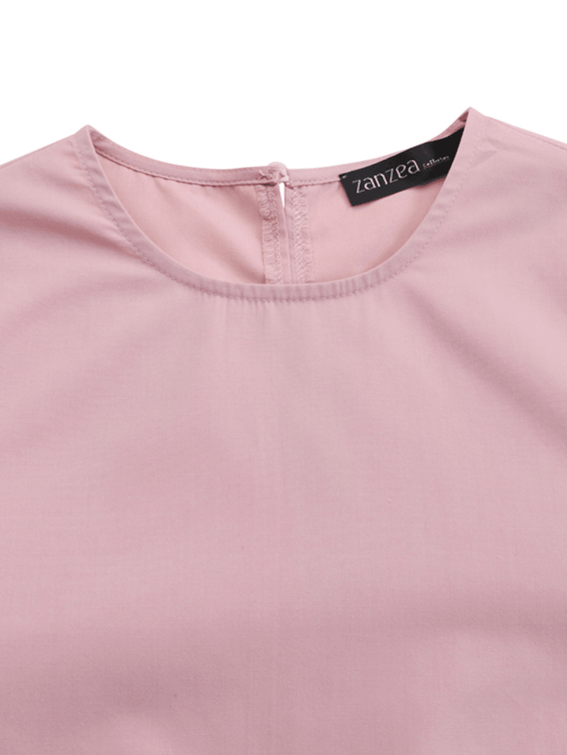 Women Ruffle Hem Trim Solid Color O-Neck Casual Elastic Cuff Shirt Maxi Dress with Pockets - MRSLM