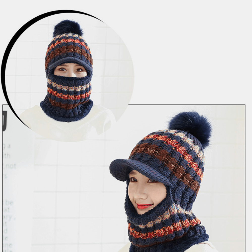 Women Wool One-Piece plus Velvet Thicken Warm Windproof Neck Face Protection Riding Knitted Hat Baseball Hat - MRSLM
