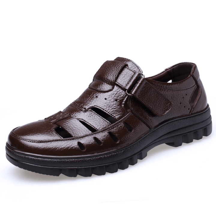 Men Cowhide Breathable Hollow Out Non Slip Soft Thick Bottom Closed Toe Casual Leather Sandals - MRSLM