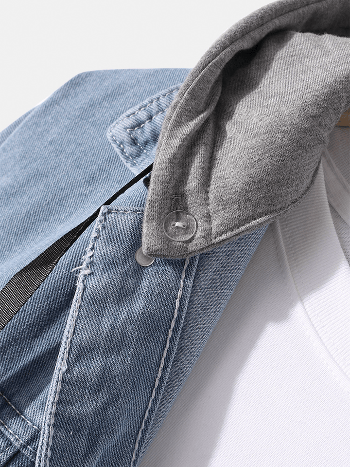Mens Back Slogan Print Outdoor Stylish Detachable Hooded Denim Jacket with Pocket - MRSLM