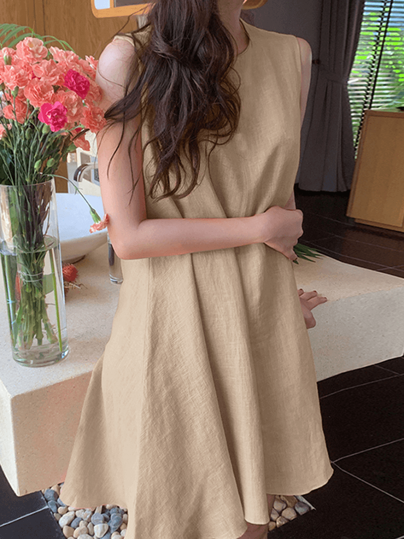 Women Cotton Solid Color round Neck Sleeveless Casual Midi Dress - MRSLM