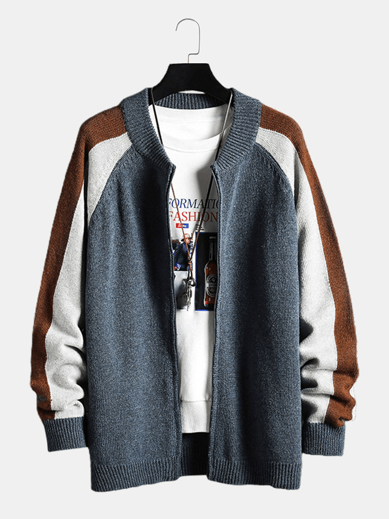 Mens Patchwork Back Letter Pattern Zip Front Knitted Casual Cardigans - MRSLM