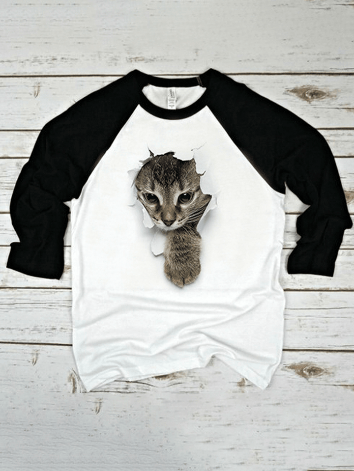 Women 3D Cat Chest Print Patchwork Raglan Sleeve round Neck Causal T-Shirt - MRSLM
