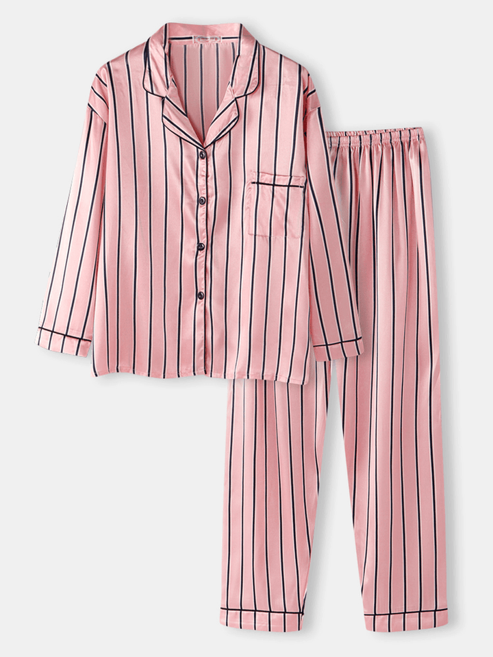 Women Pink Stripe Print Camp Collar Long Sleeve Home Casual Faux Silk Pajama Sets - MRSLM