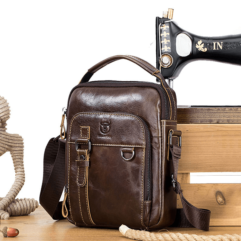 BULLCAPTIAN Men Genuine Leather Multi-Pocket Crossbody Bag Vintage Keychain Design Shoulder Bag - MRSLM