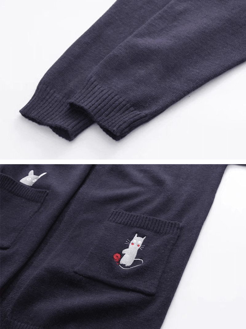 Embroidery Cat Knit Long Sweater Cardigans - MRSLM