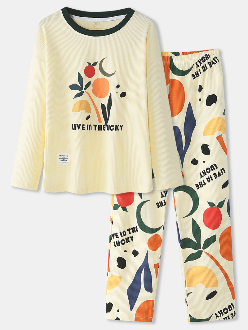 Women Graphics Letter Print Rib Pullover Elastic Waist Pocket Home Pajama Set - MRSLM
