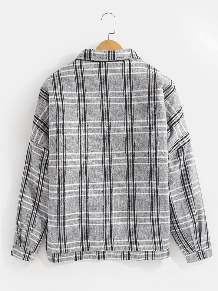 Mens Plaid Button up Warm Long Sleeve Pocket Woolen Jacket - MRSLM