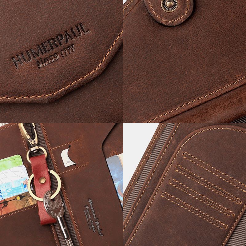 Men Genuine Leather RFID Anti-Theft Travel Hand-Carry Passport Bag Multi-Slots Card Holder Wallet with Keychain Pen Slot - MRSLM