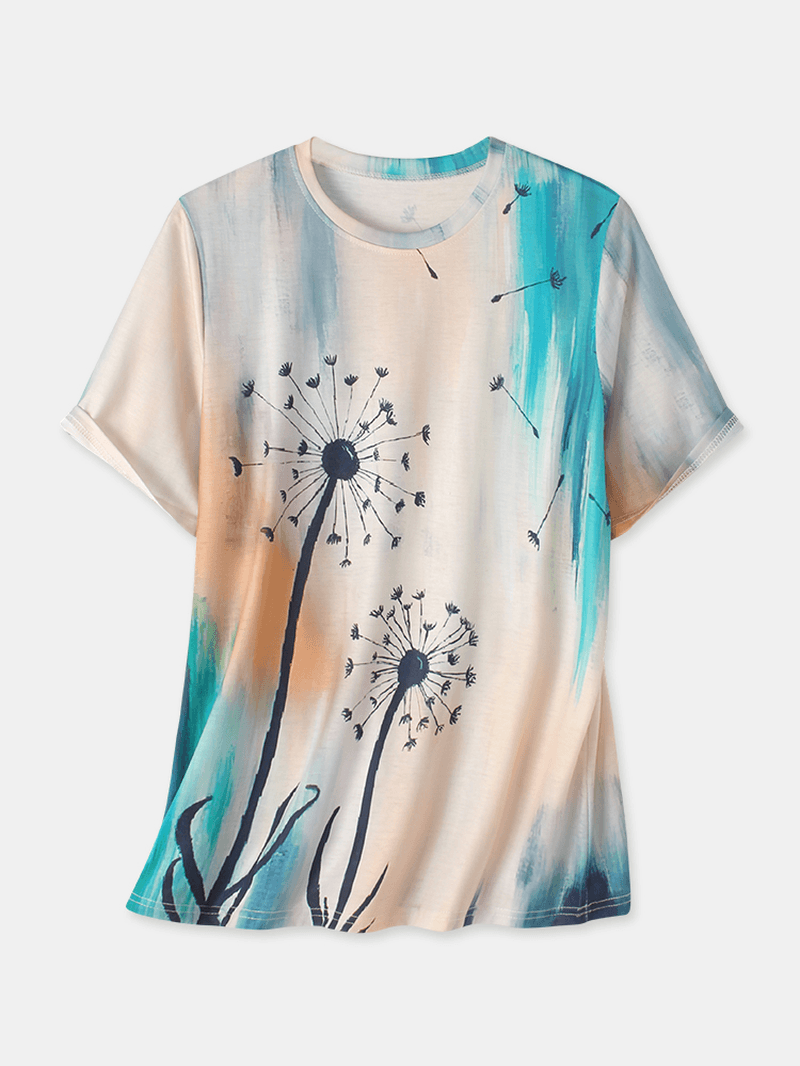 Women Plant Ombre Print round Neck Casual Short Sleeve T-Shirts - MRSLM