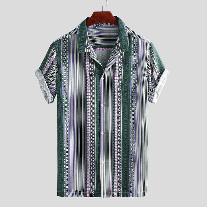 Men Ethnic Stripe Print Short Sleeve Relaxed Hawaiian Shirts - MRSLM