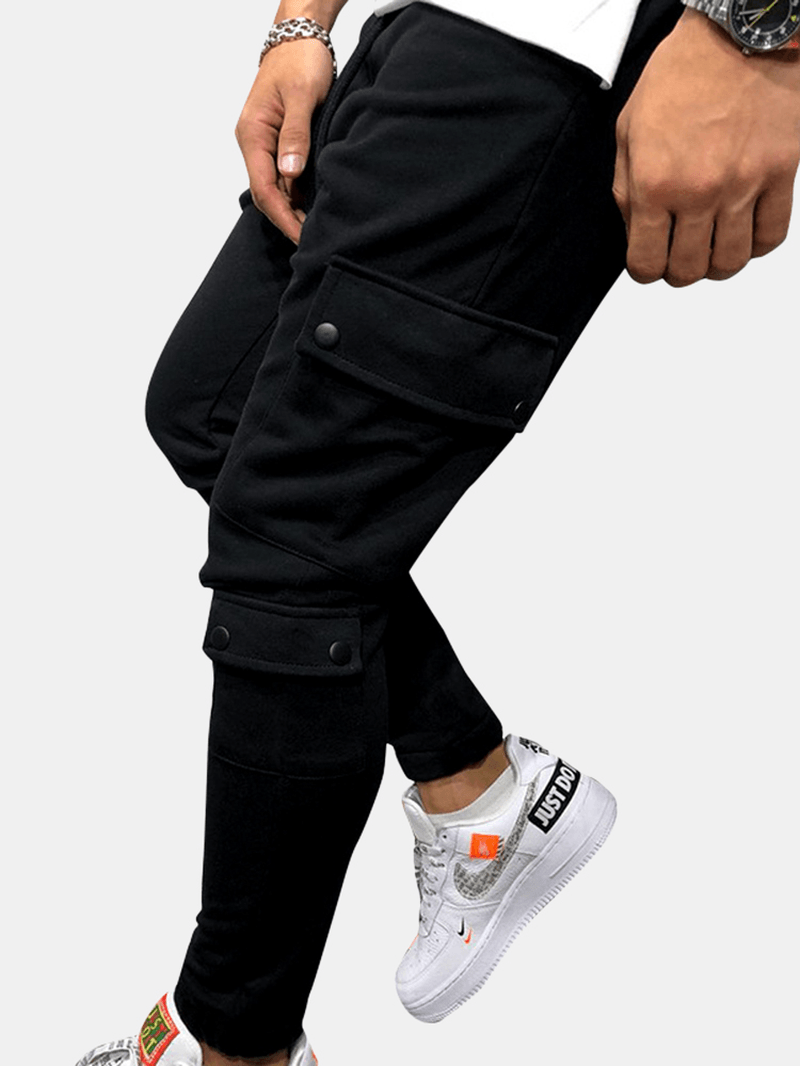 Mens Solid Color Multi-Pocket Drawstring Waist Jogger Pants - MRSLM
