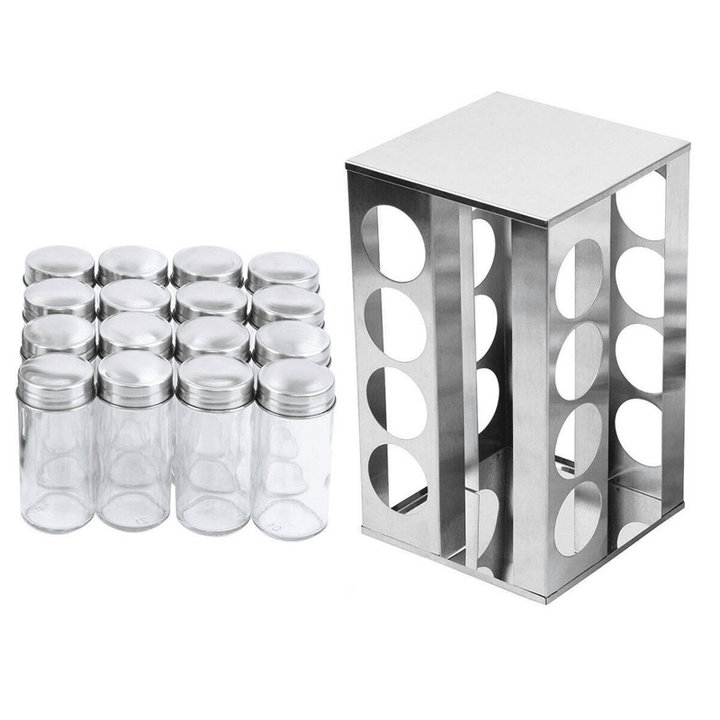 360° Stainless Steel Rotating Spice Rack Container with 16 Glass Jar Counter Kitchen Organizer Kitchen Storage - MRSLM
