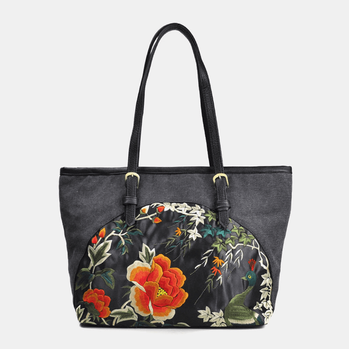 Women Canvas Ethnic Style Embroidered Floral Large Capacity Handbag Shoulder Bag Tote - MRSLM