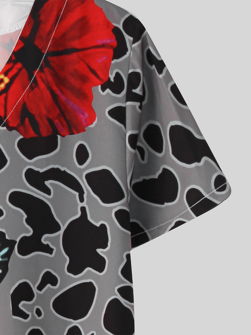 Women Leopard Floral Print V-Neck Casual Short Sleeve Dress - MRSLM