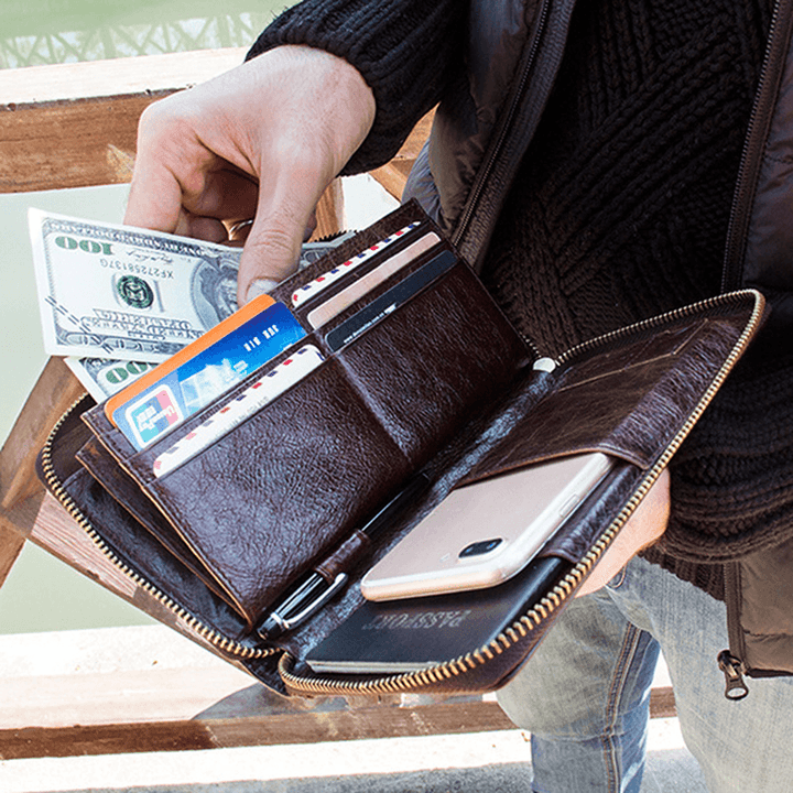 Men Genuine Leather Multifunction Purse Pen Holder Phone Holder Zipper Pocket Large Capacity Business Wallet - MRSLM