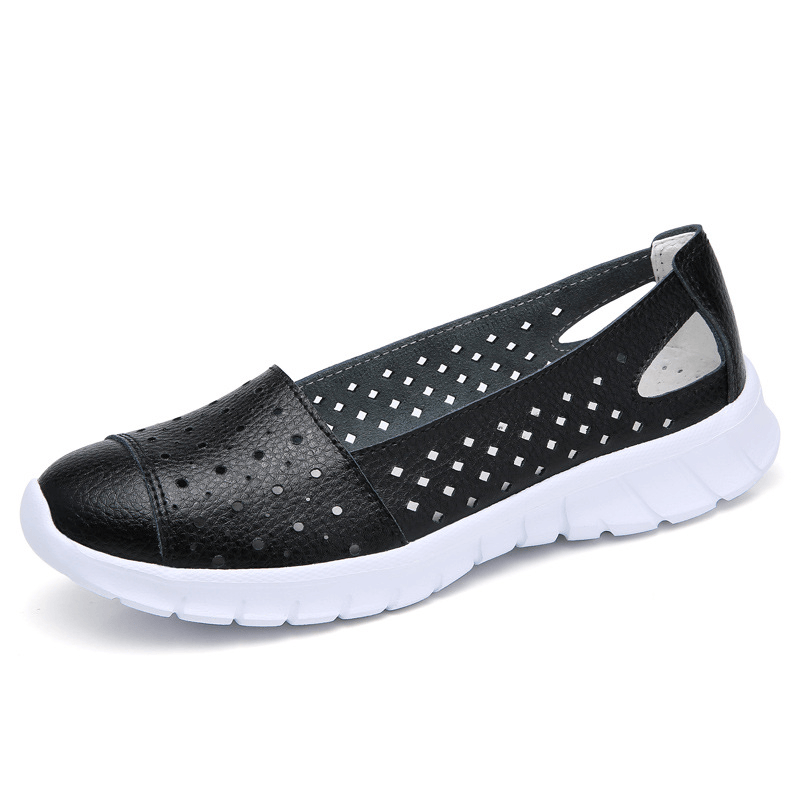 Women Leather Hollow Comfy Breathable Soft Casual Flats - MRSLM