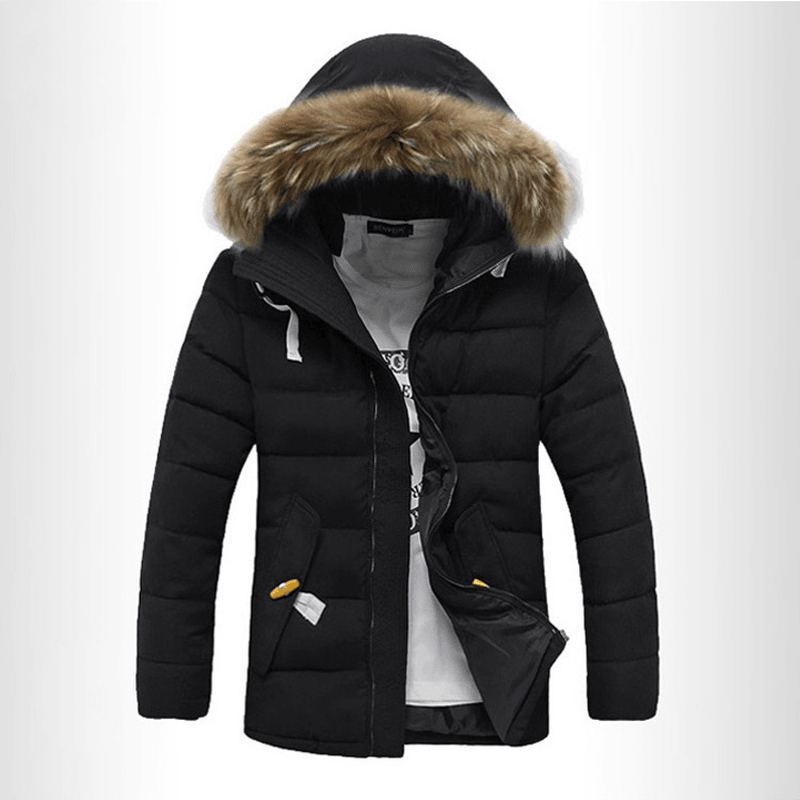 2021 Winter Fur Collar Cotton-Padded Jacket Men'S Korean Style Slim Mid-Length Men'S Student Padded Jacket and Velvet Thick Hooded Jacket - MRSLM