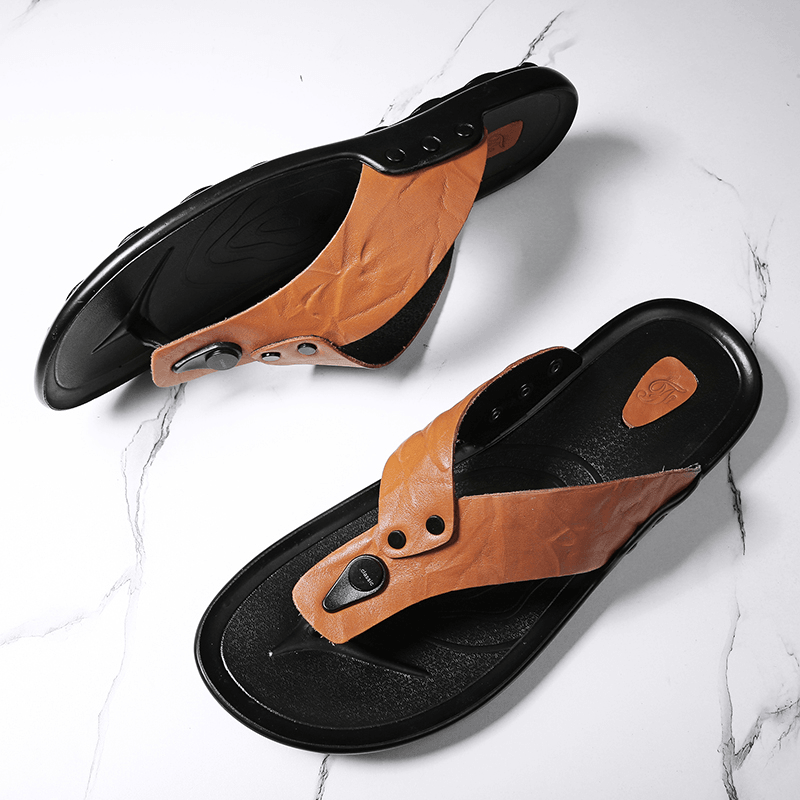 Men Leather Breathable Soft Sole Non Slip Comfy Outdoor Flip Flops Casual Slippers - MRSLM