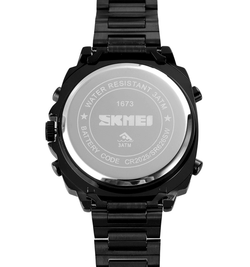 SKMEI 1673 Fashion LED Light Digital Watch Stainless Steel Strap 3ATM Waterproof Men Dual Display Watch - MRSLM