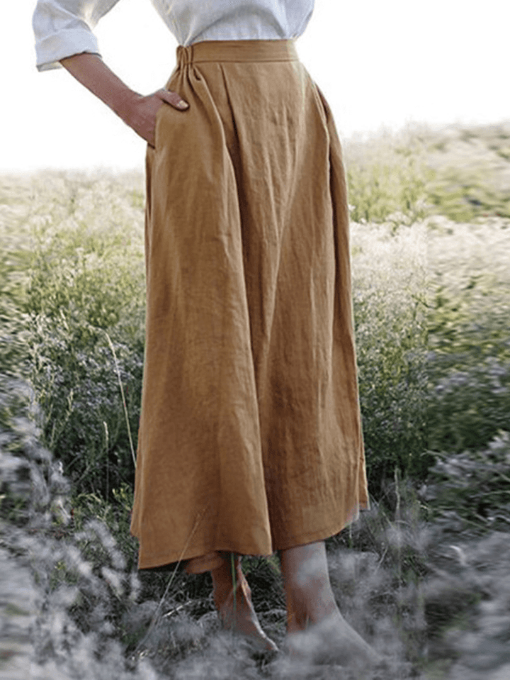 Solid Elastic Waist Linen Cotton Skirts - MRSLM