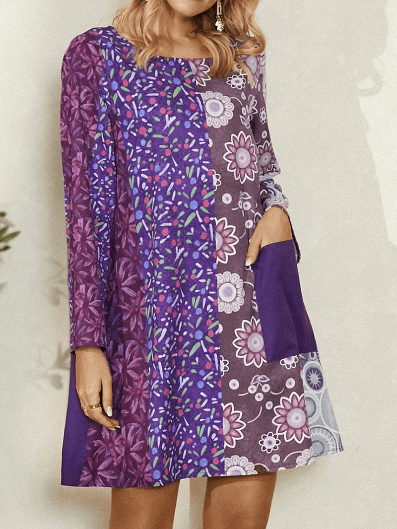 Women Ethnic Style Print Colorblock Long Sleeve Mini Dress with Pocket - MRSLM