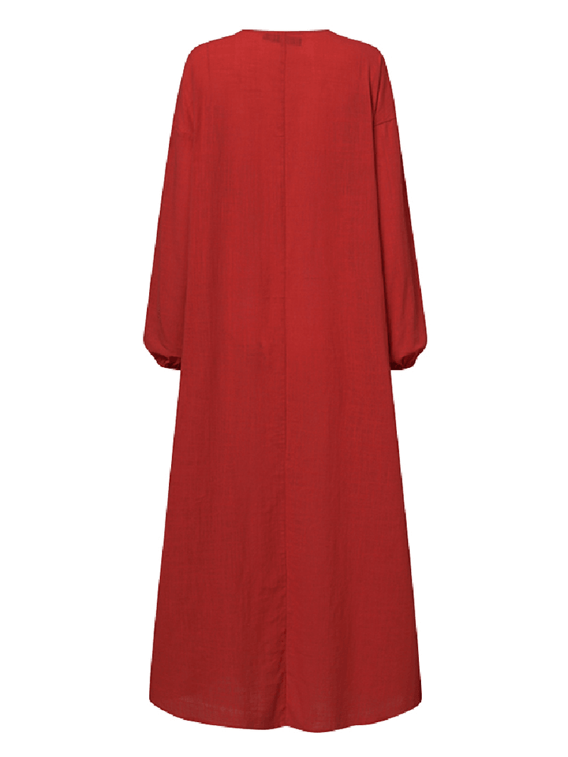 Women V-Neck Cotton Long Sleeve Puff Sleeve Maxi Dresses with Side Pockets - MRSLM