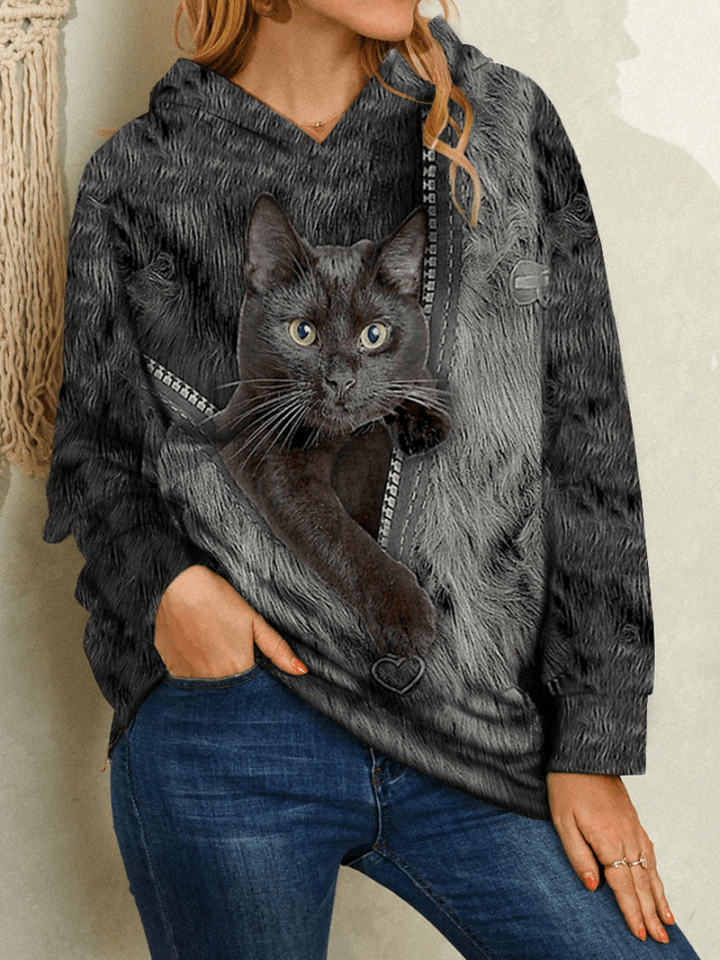Women Cartoon Black Cat Print Long Sleeve Casual Hoodies - MRSLM