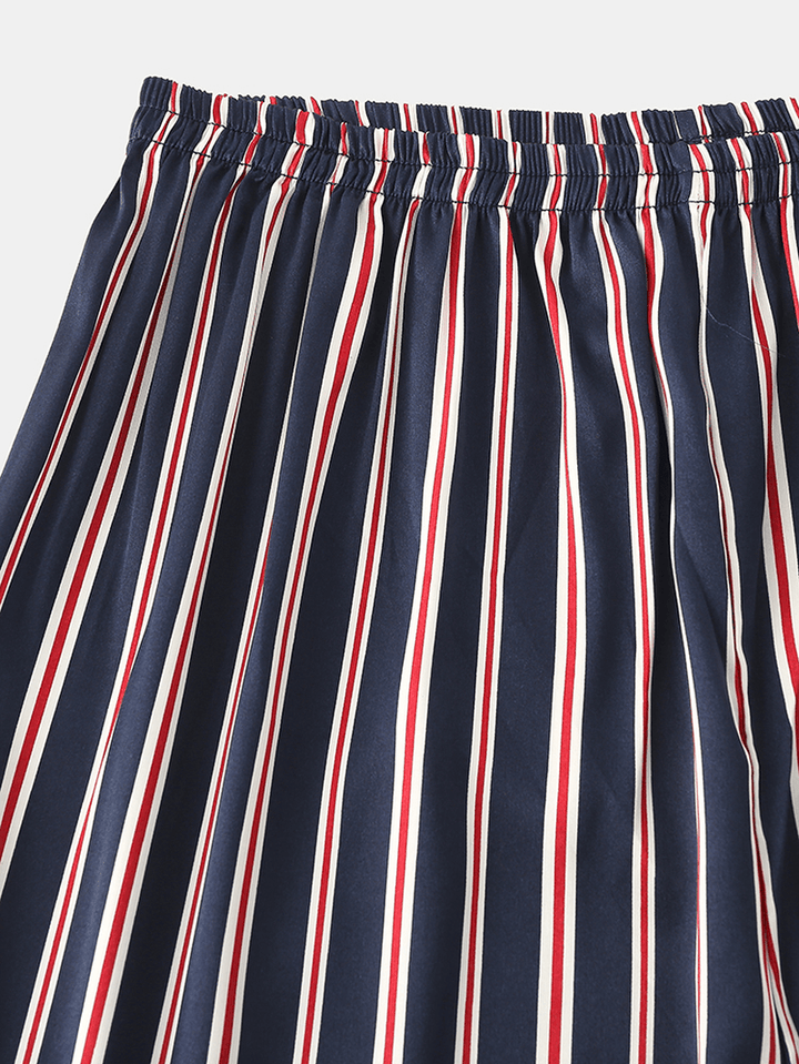 Classic Stripe Revere Collar Long Sleeve Elastic Waist Ice Silk Home Casual Pajama Set - MRSLM