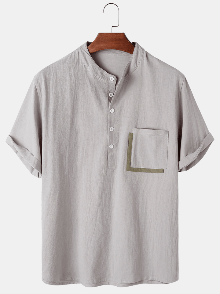 Mens Cotton Pocket Patchwork Short Sleeve Henley Shirts - MRSLM