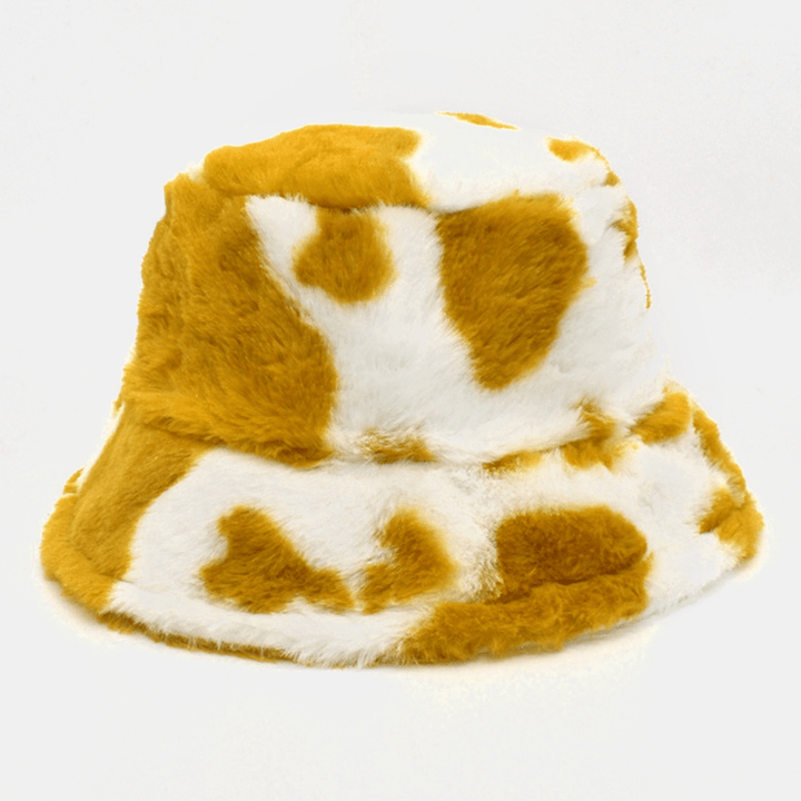 Unisex Lamb Hair Soft Warm Casual All-Match Cute Cow Pattern Bucket Hat - MRSLM