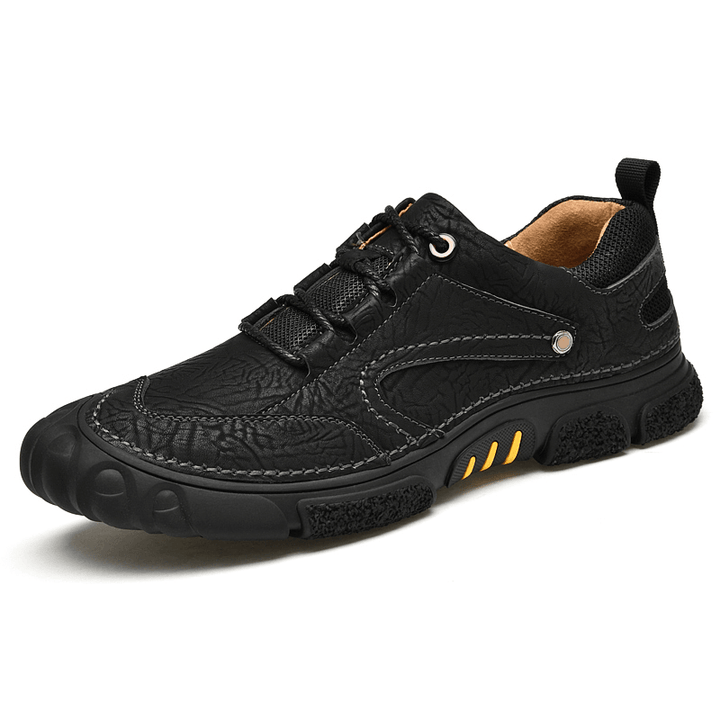 Men Genuine Leather Breathable Hand Stitching Comfy Soft Sole Lace up Casual Outdoor Shoes - MRSLM