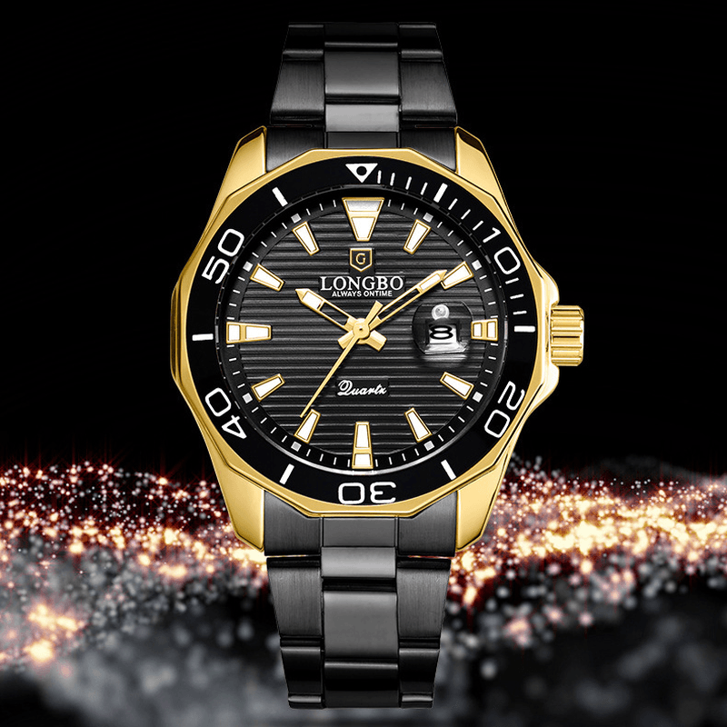 LONGGO Business Fashion Luminous Display Calendar Steel Band 3ATM Waterproof Men Wristwatch Quartz Watch - MRSLM