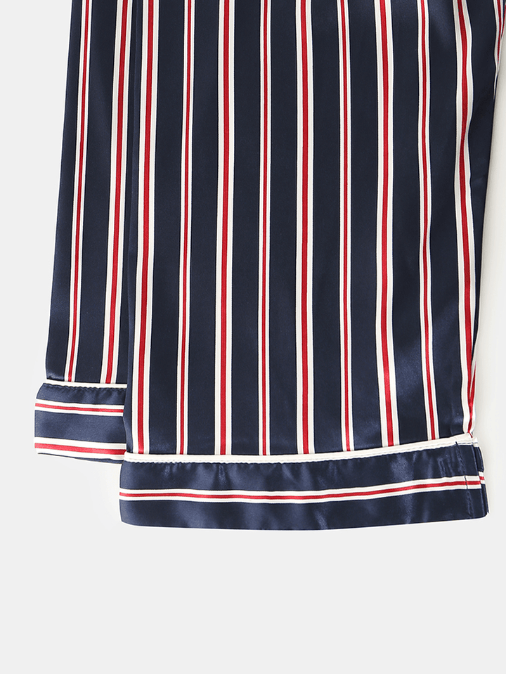 Classic Stripe Revere Collar Long Sleeve Elastic Waist Ice Silk Home Casual Pajama Set - MRSLM