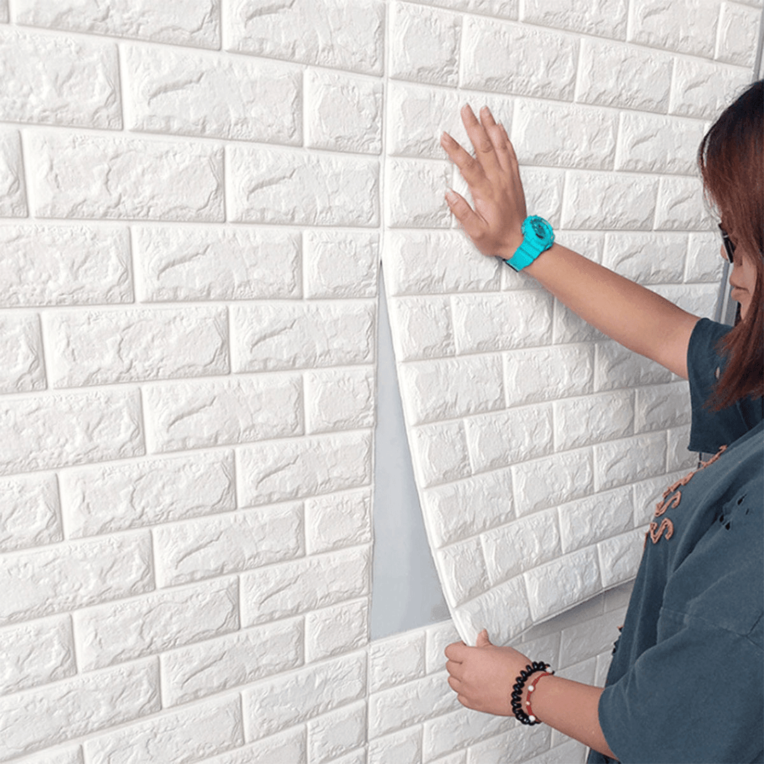 5Pcs 3D Waterproof Tile Brick Wall Sticker Self-Adhesive White Foam Panel 70X77Cm - MRSLM