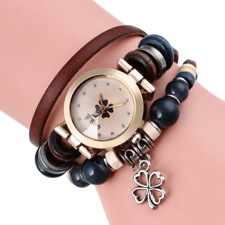 Retro Style Vintage Quartz Watch Decorated Pointer Four Leaf Clover Pendant Beaded Multi-Layer Bracelet Watch - MRSLM