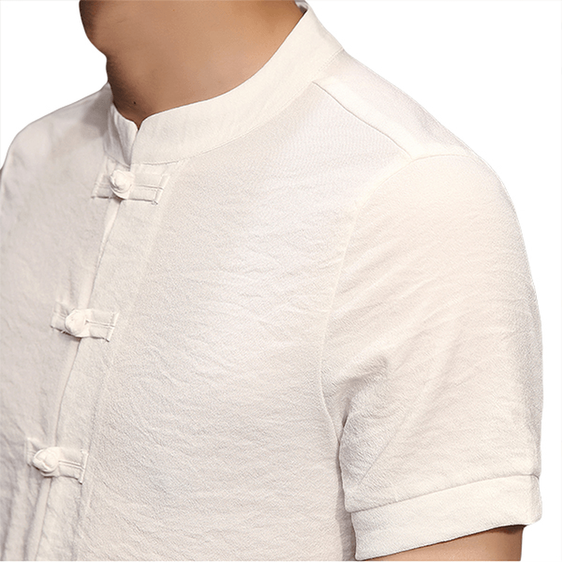 Chinese Knot Buckle Vintage Chic Mandarin Collar Short Sleeve Pure Color Shirts for Men - MRSLM