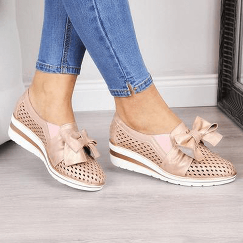 Women Breathable Hollow Butterfly Knot Wedges Loafers - MRSLM