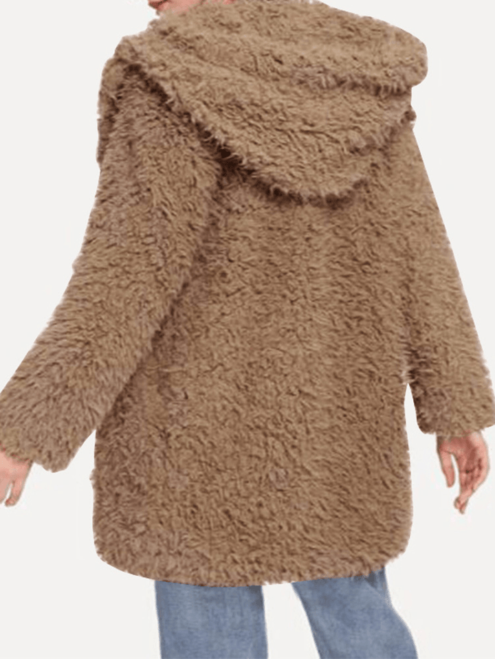 Women Solid Color Fleece Long Sleeve Hooded Coats - MRSLM