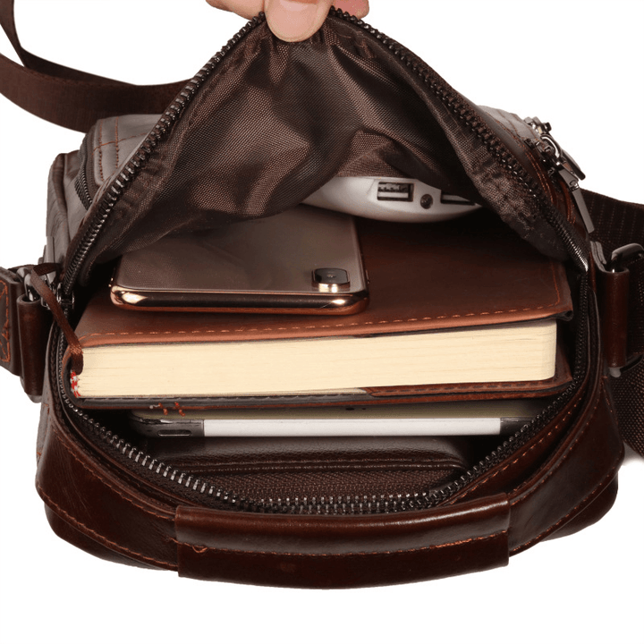 Men Genuine Leather Business Multi-Pocket Shoulder Bag Phone Bag - MRSLM