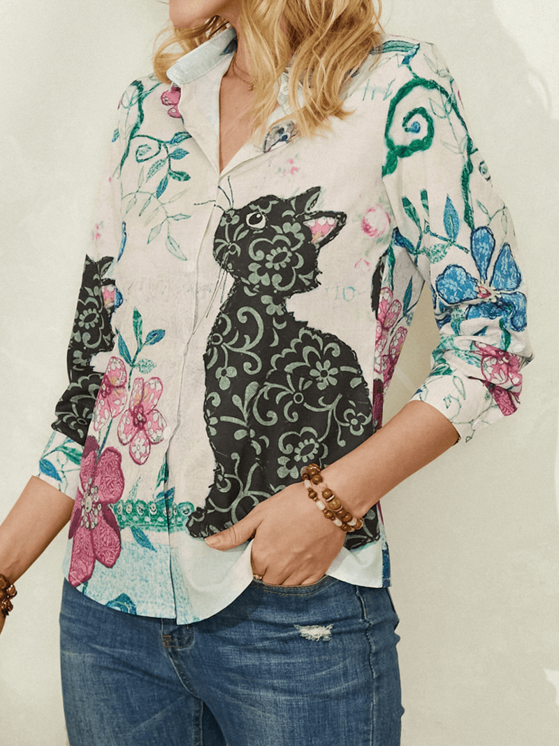 Women Cute Cat Print Long Sleeve Lapel Casual Shirt - MRSLM