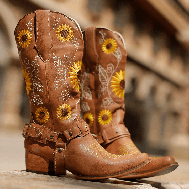 Women Retro Sunflowers Pattern Pointed Toe Chunky Heel Harness Cowboy Boots - MRSLM