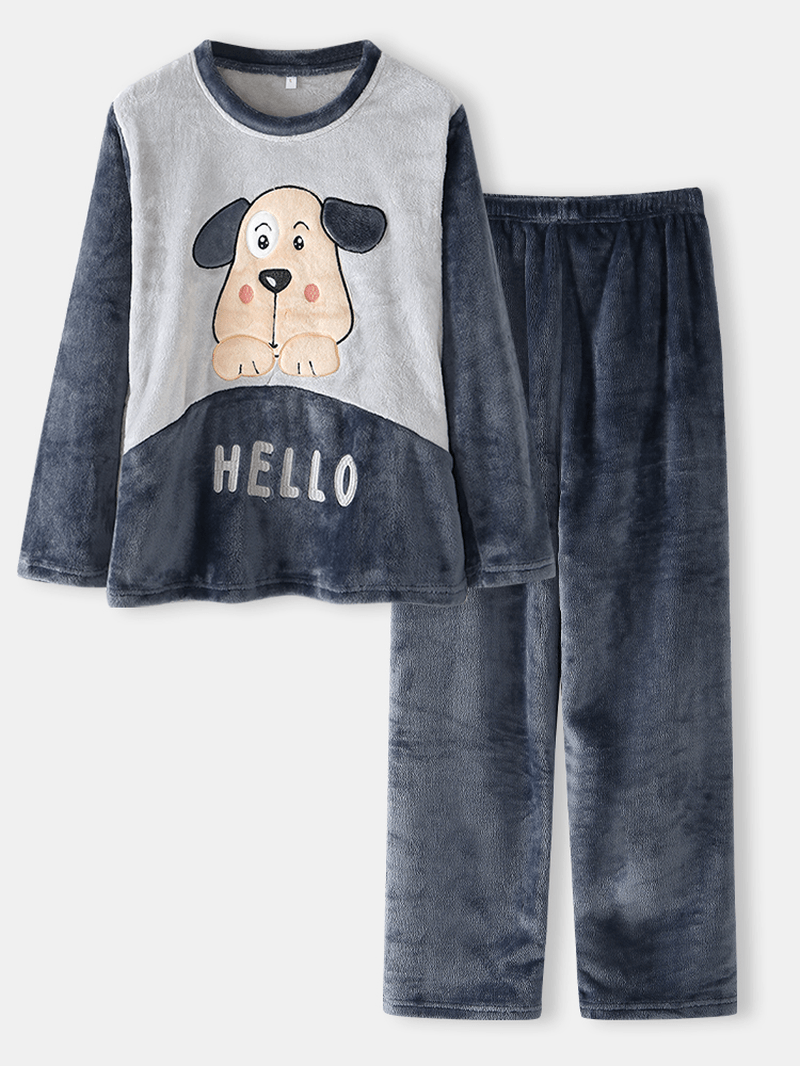 Women Hello Cartoon Dog Pattern Side Pocket Top Plush Home Casual Pajama Set - MRSLM